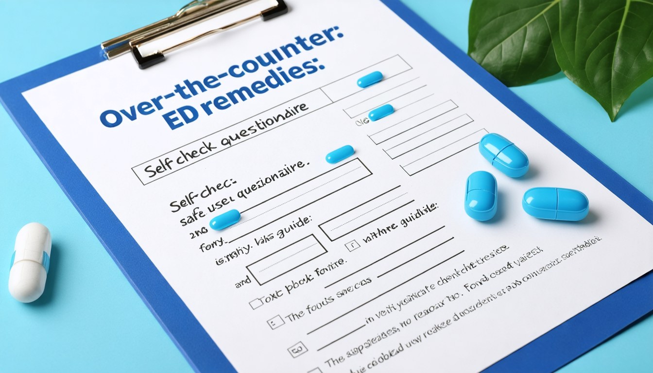Man reviewing over-the-counter erectile dysfunction remedies while completing a self-check health questionnaire on a tablet